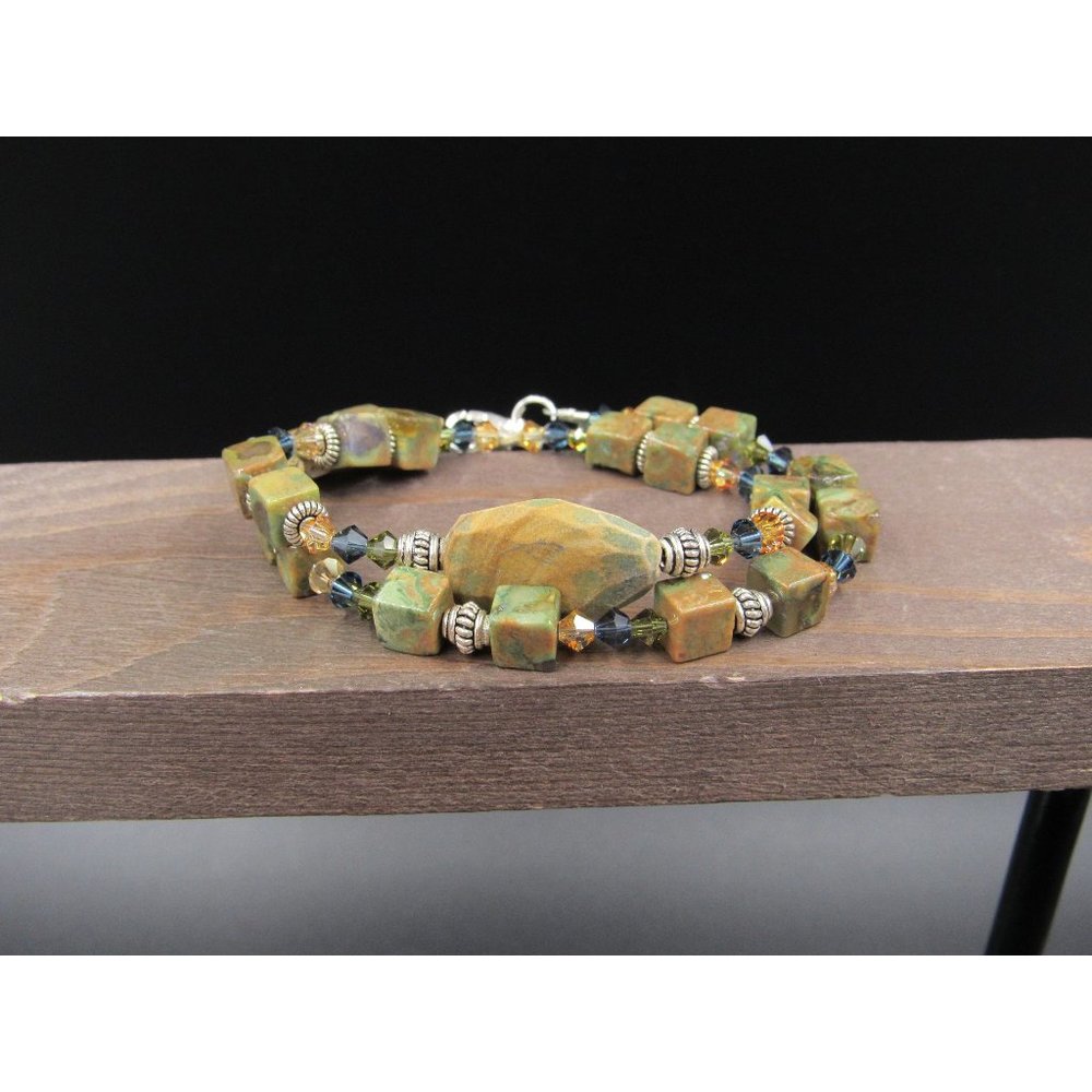 6 Inch Sterling Silver Two Strands Of Unakite Stones Bracelet